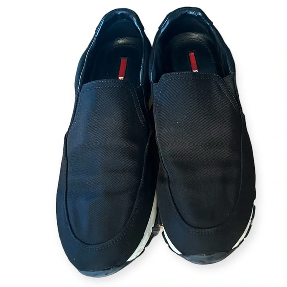 PRADA Linea Rossa Slip On Sneakers Black Nylon Slide On Size 37.5 Leather Trim - Picture 2 of 14